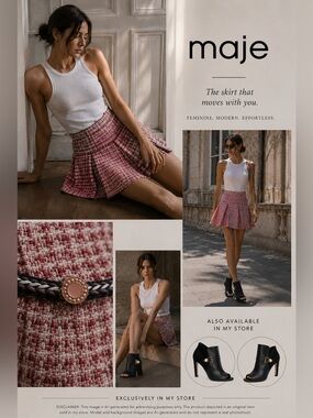 Maje Paris Pink Red Tweed Mini Skirt Skort Metallic Silver Boucle Preppy Chic